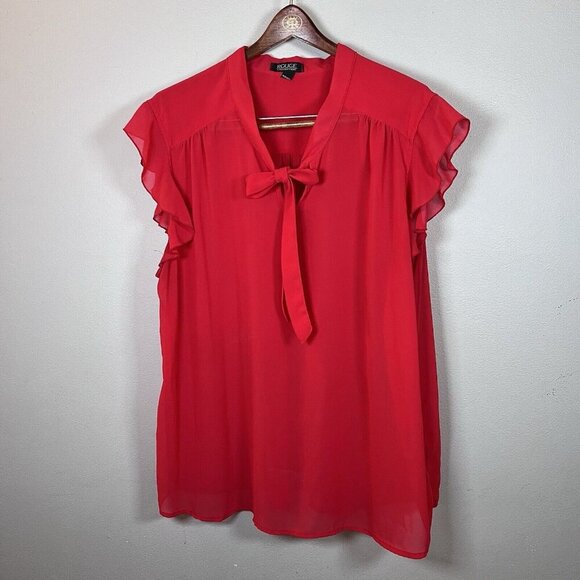 Rouge Collection Women’s Size 3X Red Blouse Short Flutter Sleeves Tie Front - Picture 1 of 9